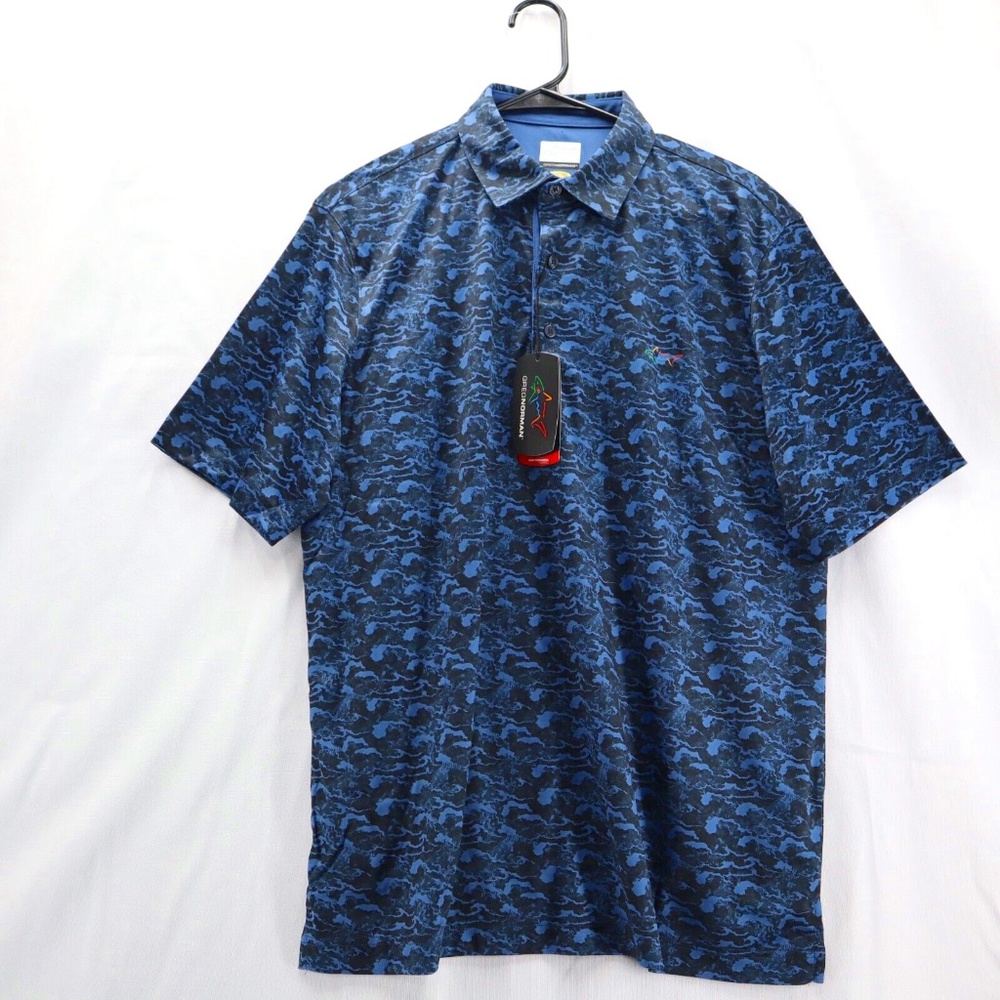 NWT Greg Norman Play Dry loose fit polo, men's camo blue